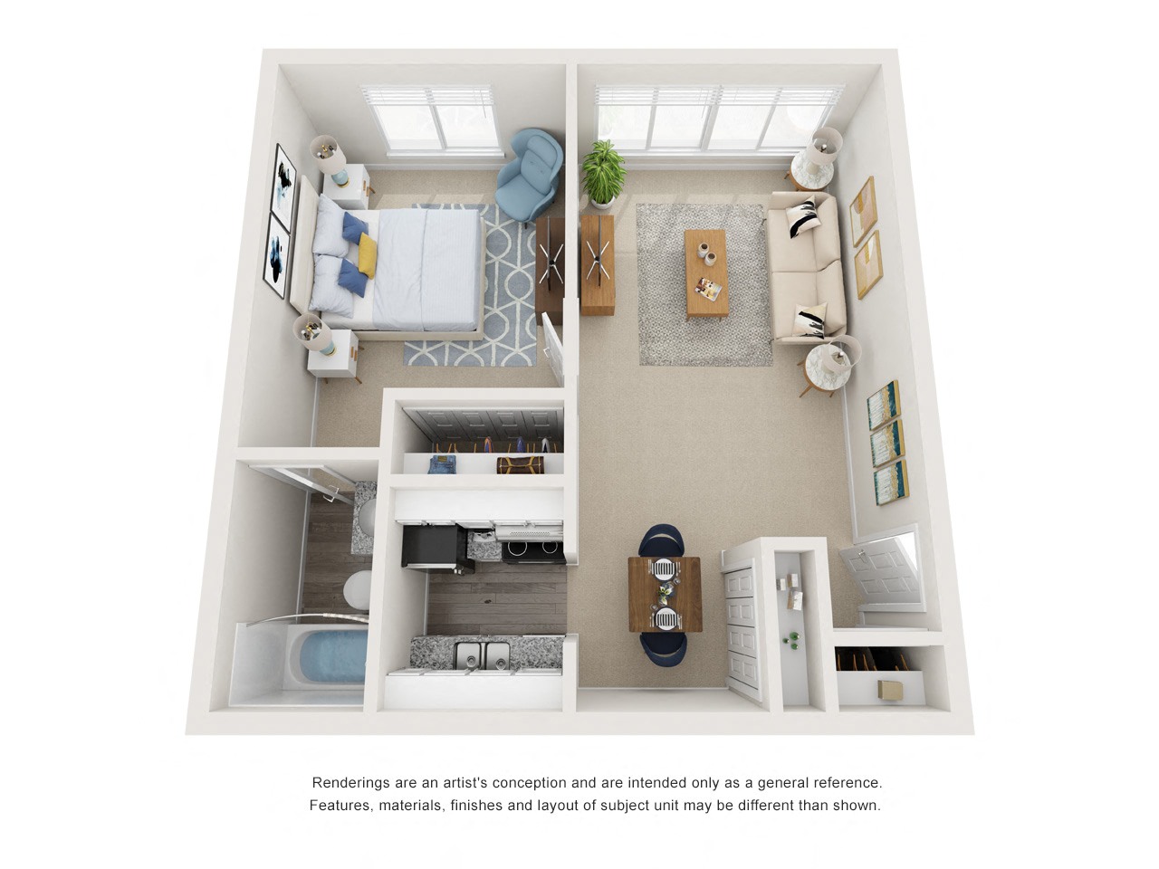 Floor plan for 1 bed, 1 bath, 650 sqft
